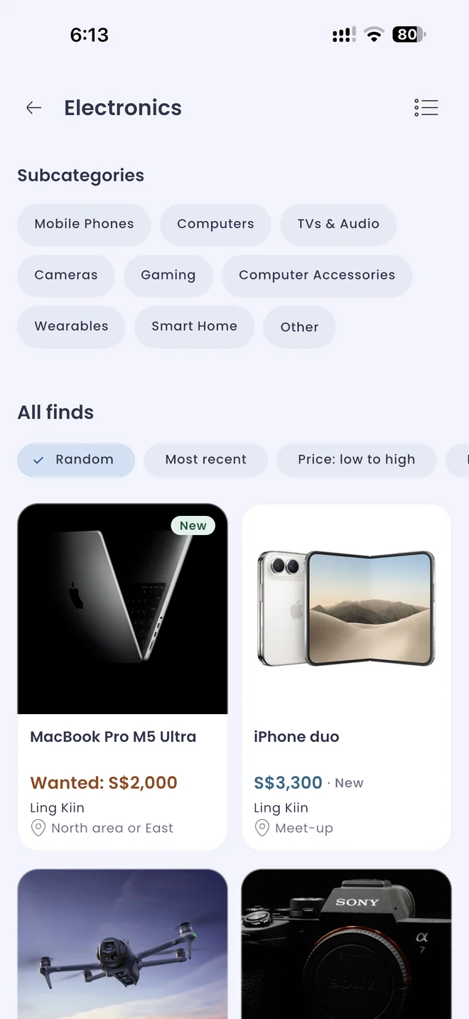 Second Story electronics with category filters and local listings.