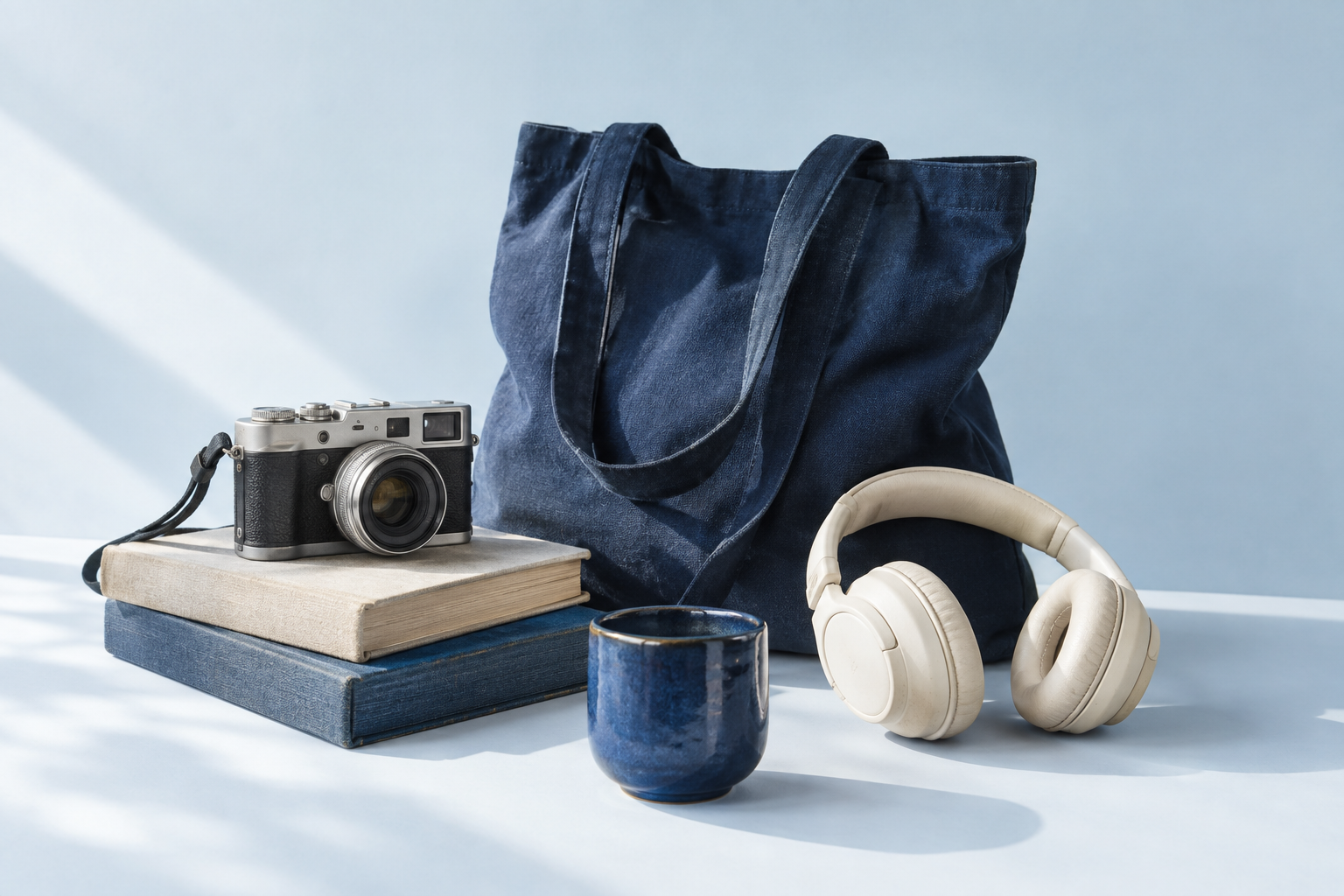 A thoughtfully gathered collection of a canvas tote, a camera, headphones, books and a blue ceramic cup.